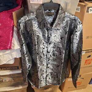DiBanGu Men Long Sleeve Shirt Black/White Paisley Button Down Silk Mix Shirt SzM